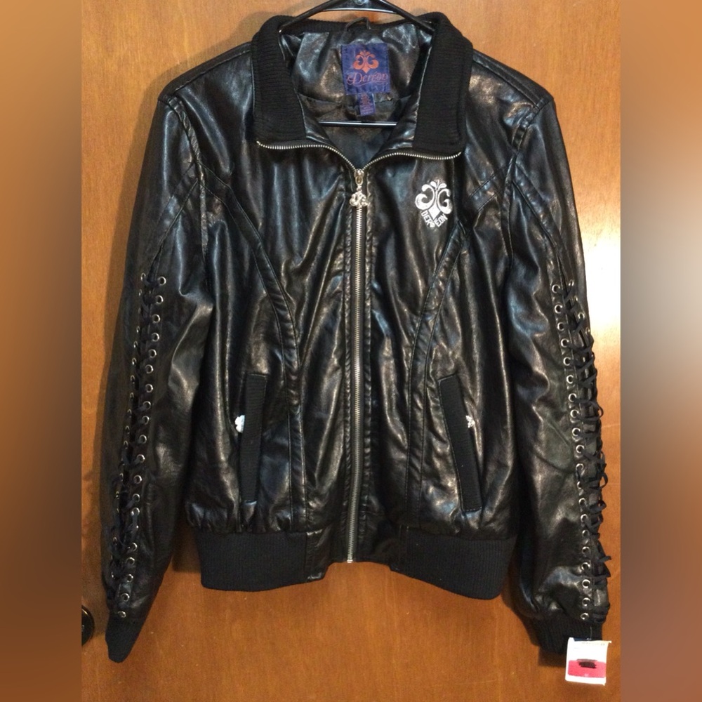 Womens Vintage Y2K Dereon Lace Up Casual Black Faux Leather Bomber Jacket Sz 1XL